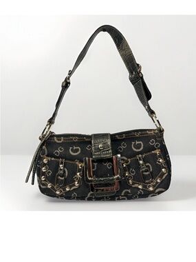 Vintage Denim  Croc Embossed Guess Monaghan Baguette in Black & Green Rare